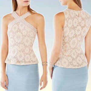 BCBGMAXAZRIA Annica Crochet Lace Peplum Top Sz XS Bare Pink